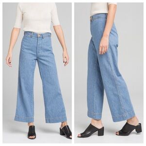 Caron Callahan Stewart Pants in Denim Straight Wide Leg Jeans Ankle Crop Blue